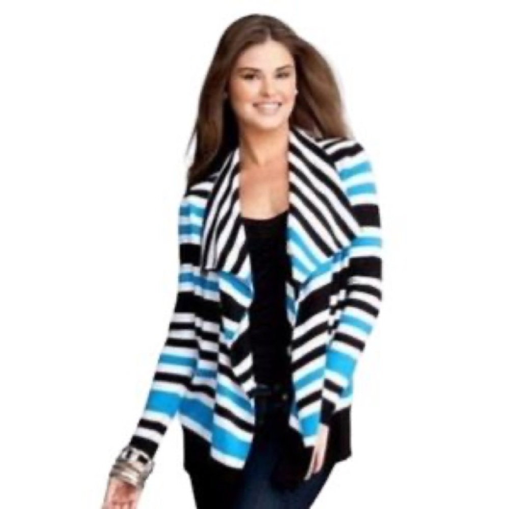 Bebe Women’s Blue‎ Black & White Striped Cardigan Sweater Size M Nylon Rayon